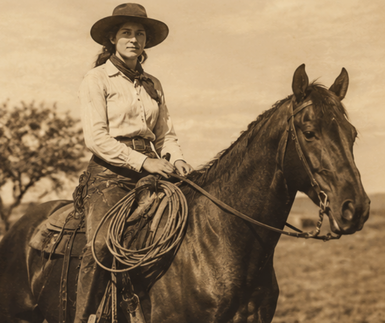 Vintage sepia-toned photograph of a woman riding a dark horse outdoors, wearing a wide-brim hat, long-sleeve shirt, and boots, with a coiled rope at her side.